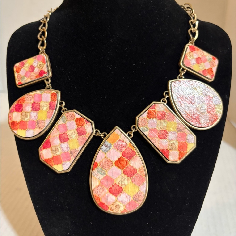 Statement Pink Multi-Color printed, wood Mosaic Teardrop Necklace